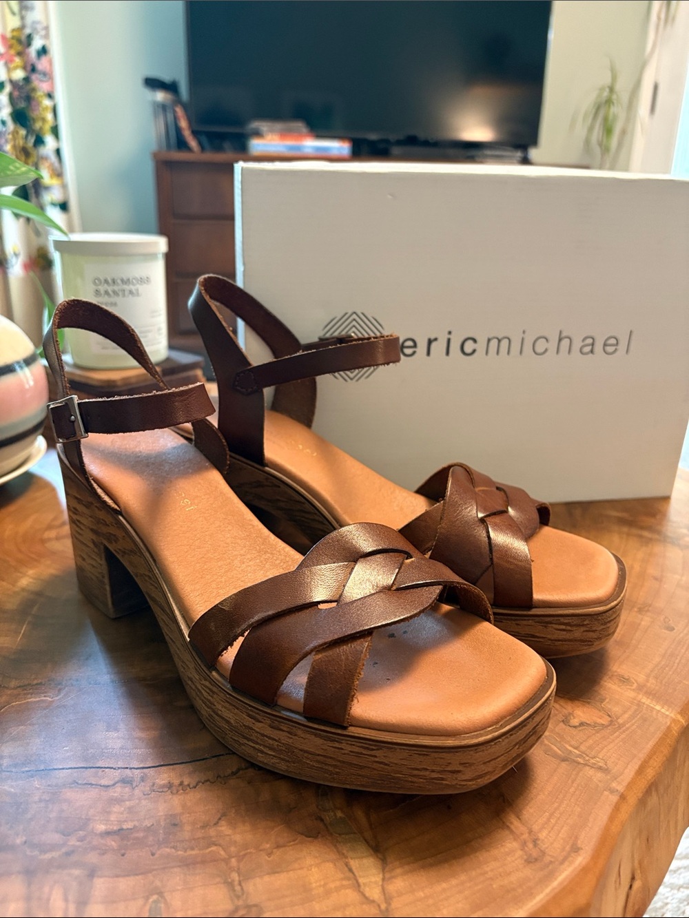 Eric Michael Brown Leather Braided Platform Sandals